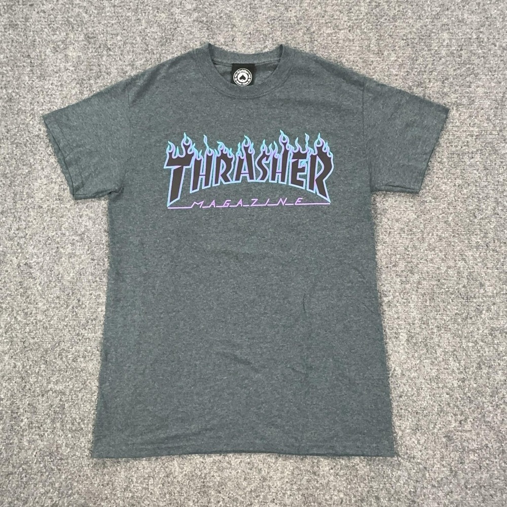 Thrasher Shirt Mens Small Gray Flame Logo Magazine Graphic Tee Skateboard
